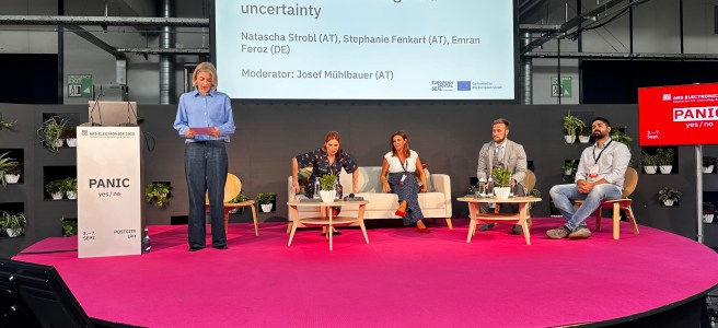 ARC Electronica Festical 2025, Panel Discussion on Worlds in Disorder with Peace Researcher Josef Mühlbauer