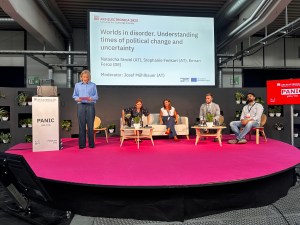 ARC Electronica Festical 2025, Panel Discussion on Worlds in Disorder with Peace Researcher Josef Mühlbauer