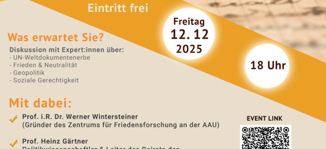 Sicherheit ohne Waffen? – Weltdokumente Erbe für den Frieden Wie können wir Frieden und Sicherheit neu denken – jenseits militärischer Logik und Aufrüstung? Anlässlich des „Weltdokumente Erbes für den Frieden“ von Hans Thirring lade ich euch herzlich zu einer spannenden Podiumsdiskussion ein, die genau dieser Frage nachgeht. Die Teilnahme ist kostenfrei, eine Anmeldung ist erforderlich: https://www.eventbrite.com/e/podiumsdiskussion-thirrings-un-weltdokumentenerbe-fur-den-frieden-tickets-1842660038779?aff=erelpanelorg